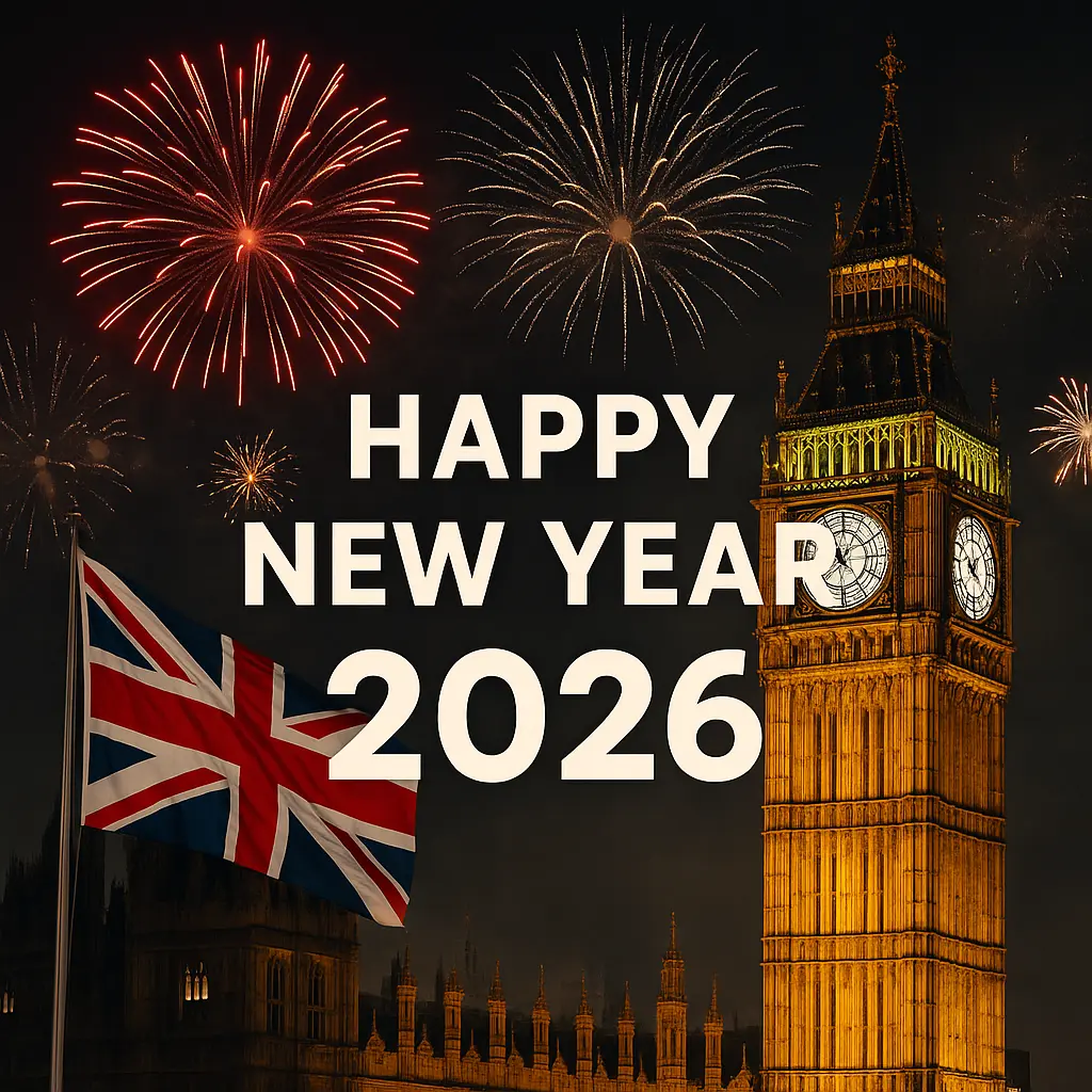 New Year's Eve celebration in London with fireworks, Big Ben, and the Union Jack, marking the start of 2026